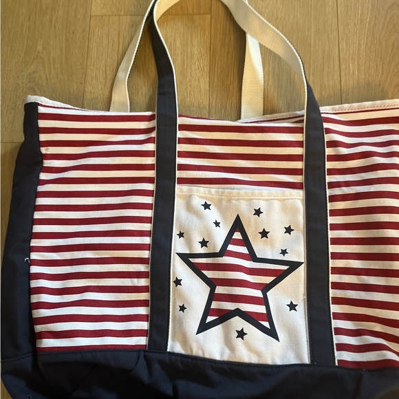 Patriotic Red White Blue Star Tote Bag – Large Canvas Striped Shoulder Bag - Picture 1 of 15